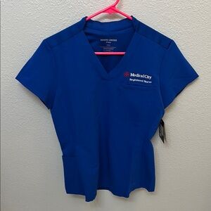 White Cross Blue Fitted Cap Sleeve Tee Medical City Logo